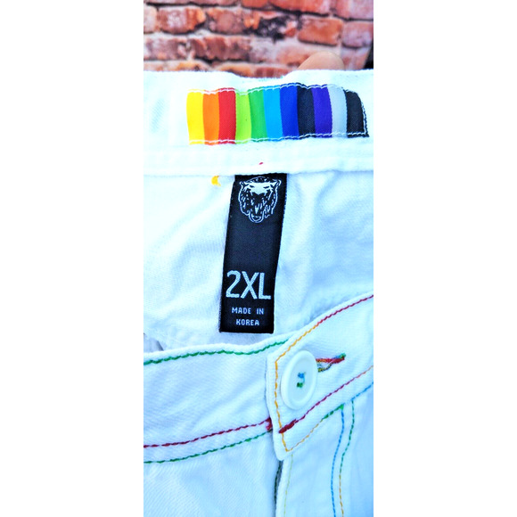 White Light Denim 5 Pocket Shorts W/Rainbow Colored Stitching & Drawstrings - Picture 3 of 11